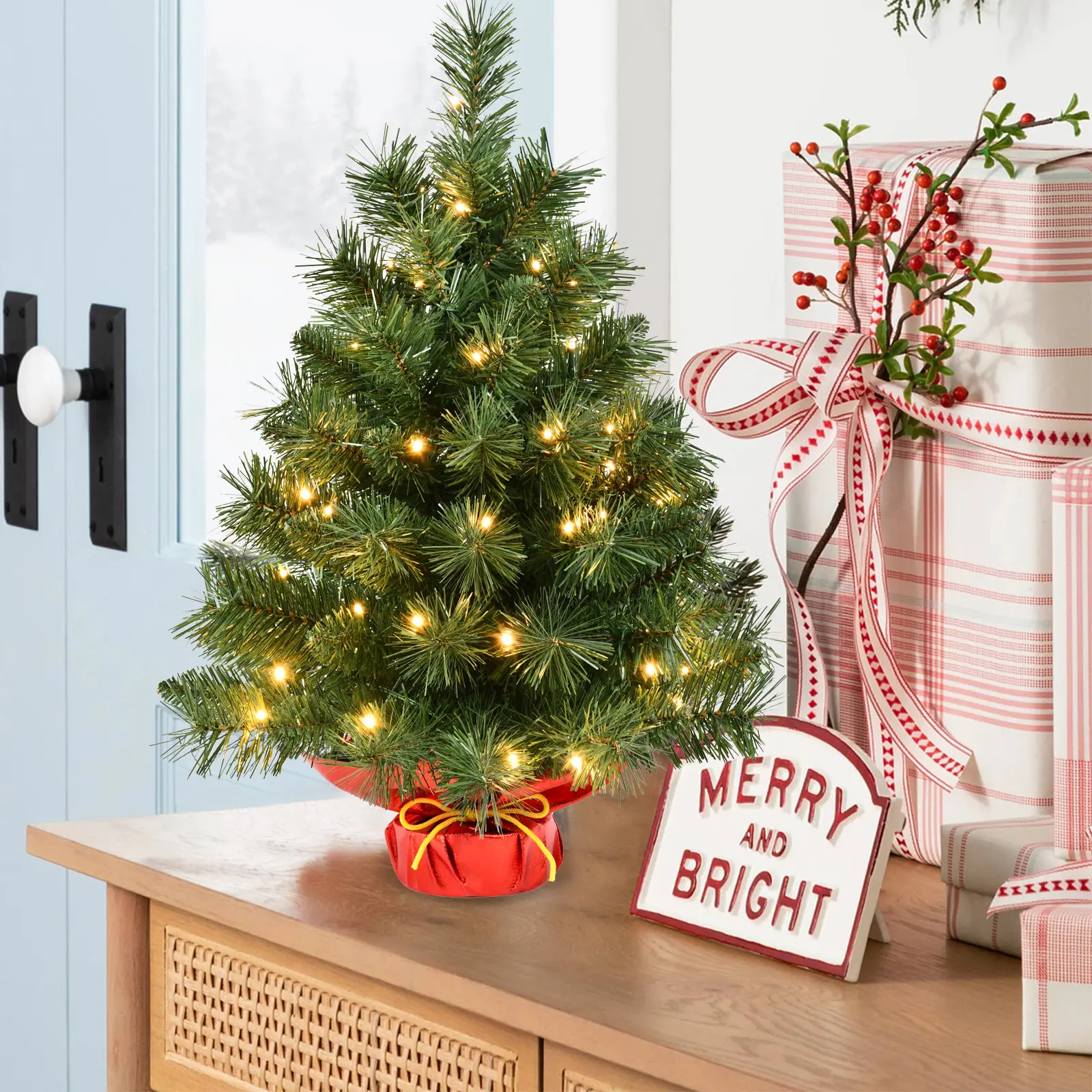 (3 Options) 2 ft. PVC Majestic Fir Artificial Mini Tabletop Christmas Tree with Pre-Assembled Small Lights, Fabric Bag Base - Home Festive Decor, Christmas Gift Ornament