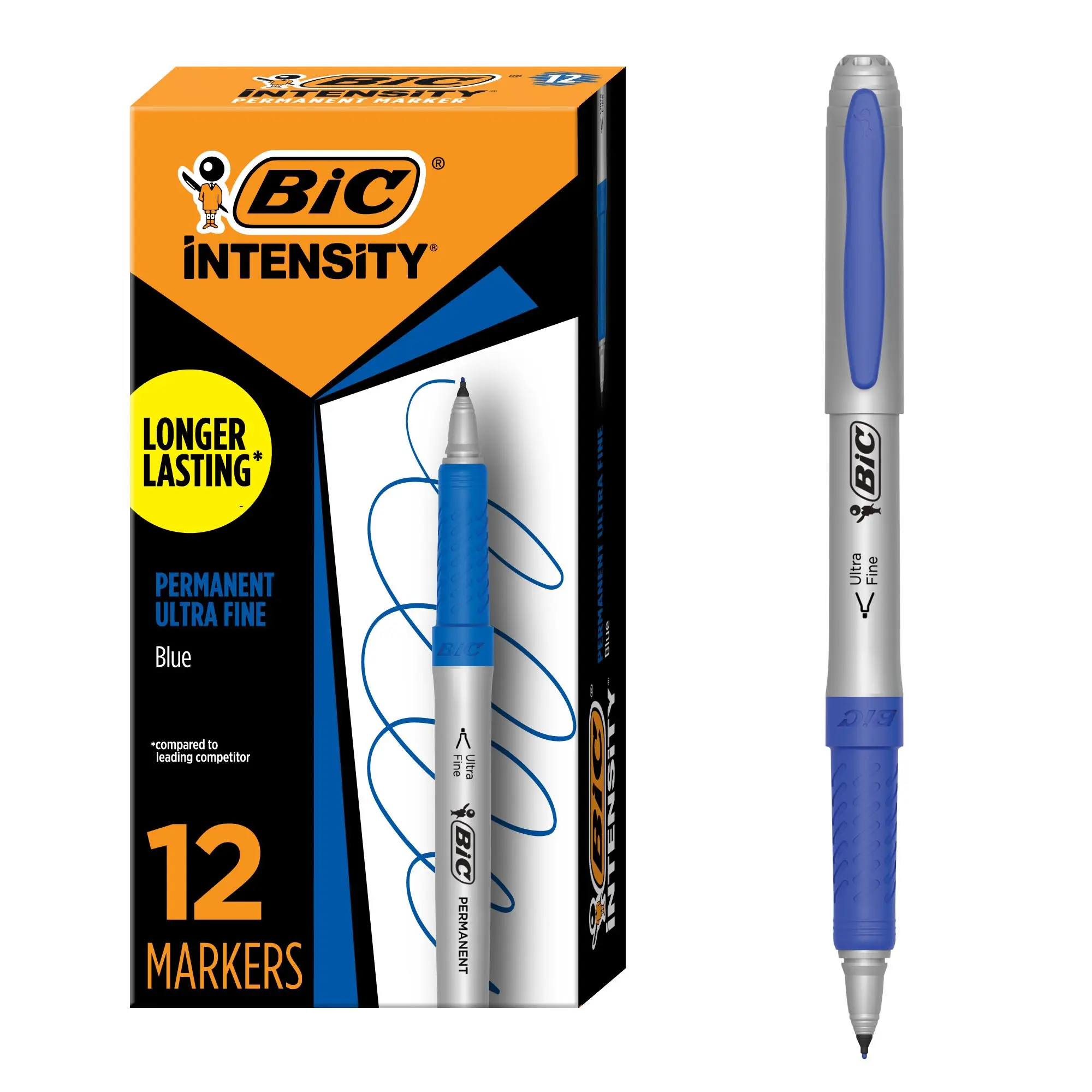 BIC Intensity Blue Permanent Markers, Ultra Fine Point, 12-Count Pack of Blue Markers with Non-Slip Grip for Comfort and Control