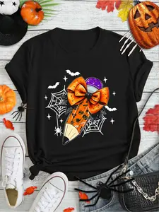 100% Cotton Coquette Bow Pencil Funny Teacher Trick Or Teach Halloween T-Shirt Print Round Neck Short Sleeve Streetwear Fashion Breathable Homme Soft Unisex Designer Clothes For Women Casual Clothes