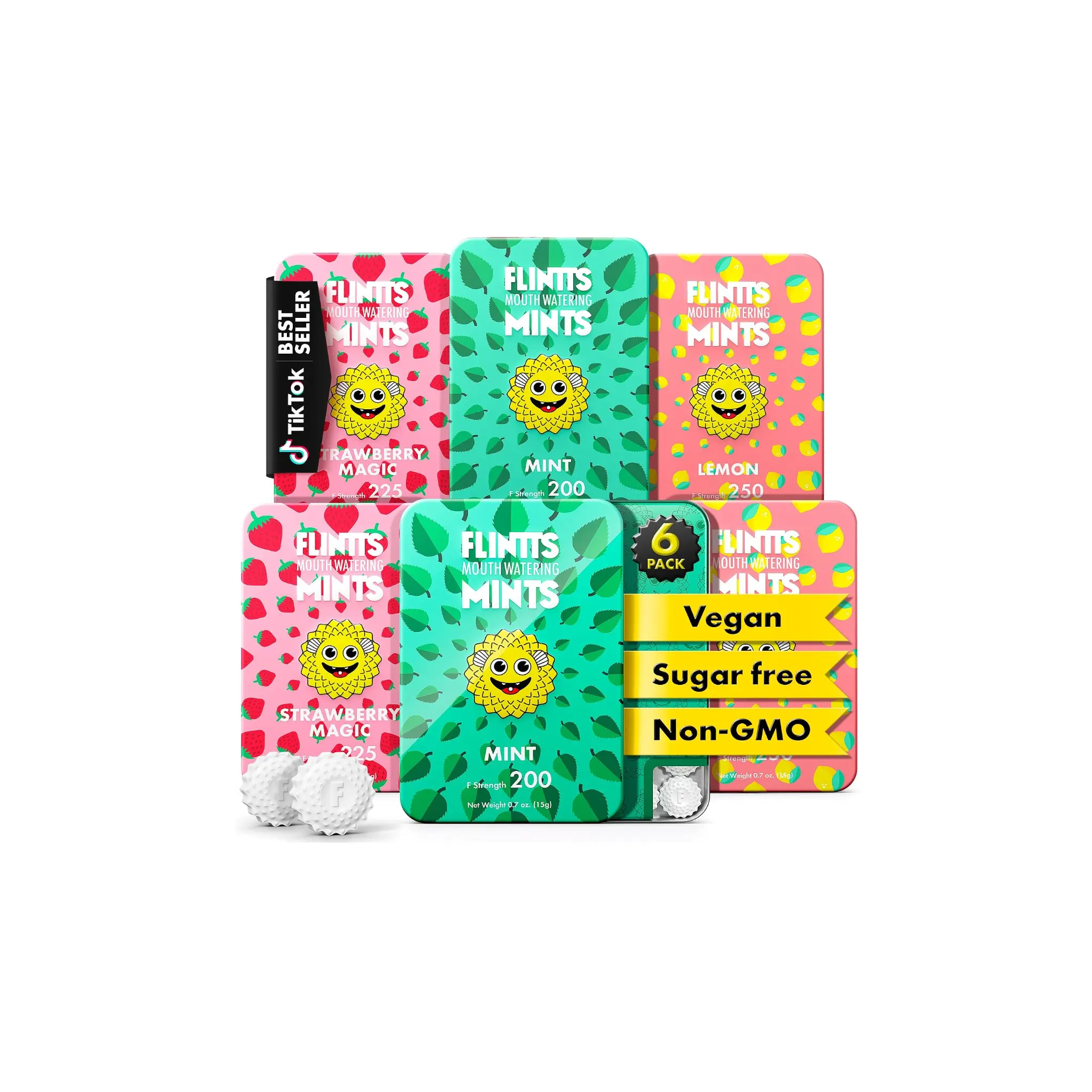 Flintts Mints - Sugar Free Vegan Non-GMO Electric Daisy Plant Sparkle Mints for Instant Freshness & Oral Health 6 Pack