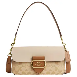 COACH Morgan 27 Signature Coated Canvas and Calfskin Tote Shoulder Bag in Light Khaki for Women