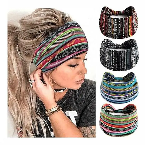Wide Headbands Boho Head Bands for Women's Hair Fashion Floral Print Headwraps Elastic Thick Turban Workout Yoga Hairband  Cute Hair Accessories for Teen Girls 4Pcs