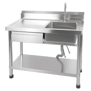 Stainless Steel Utility Sink, 40'' Free Standing Single Bowl Sink Workbench, Drawer Storage, Cold and Hot Water Pipe for Laundry, Kitchen, Garage, Outdoor, Easy to Clean