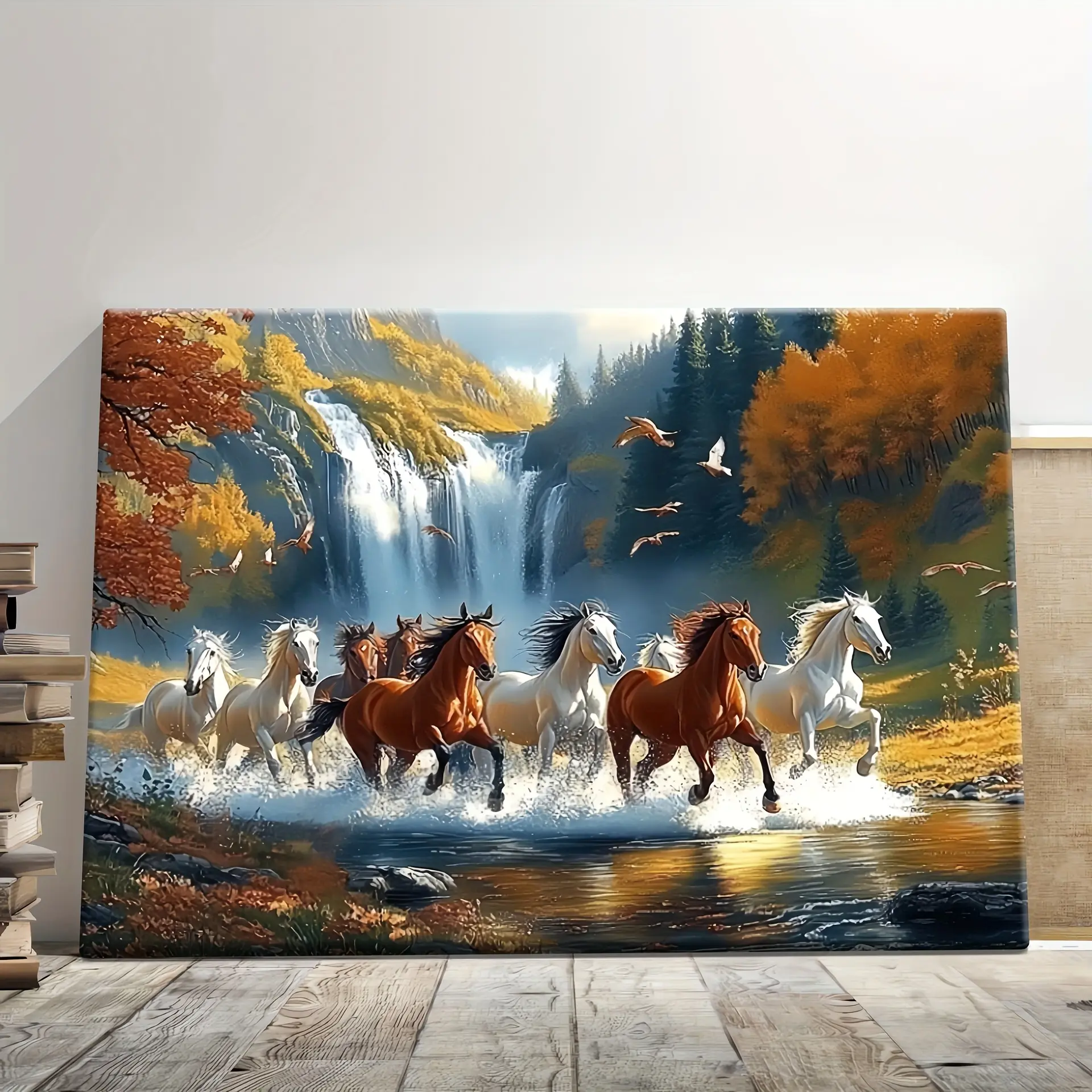 1-Piece Artistic 2D Flat Horse-Themed Wrapped Canvas Print Artwork with Wood Frame - Decorative Autumn Forest & Waterfall Galloping Design, for Living Room, Room Aesthetic Decoration, Back To School, Father's Day, Thanksgiving