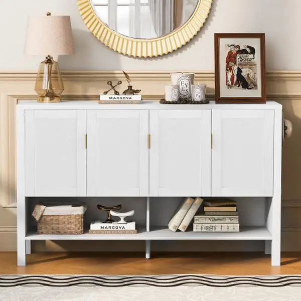 55.1'' Sideboard with Double Hooks and Open Storage Shelf Multi Functional Buffet Cabinet with 4-Doors and 2-Tiers Adjustable Shelves for Living Room Hallway Dining, White