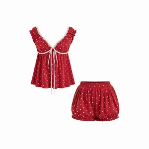 Cider Cotton Polka Dot Bowknot Top & Mid Rise Shorts Loungewear Set