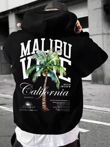 Men's Loose Letter & Palm Tree Print Drop Shoulder Hoodie, Fashion Casual Drawstring Pocket Hooded Sweatshirt for Daily Holiday Outdoor Wear, Men Clothes for Fall & Winter, Graphic Sweatshirts