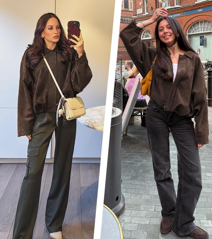 Women's Casual Army Green Jacket with Lapel Design Batwing Sleeves Button Front Lightweight Fashionable for Spring Autumn Winter All Match Tops Coats Womenswear Outerwear Fitted Basic Collared Minimalist length sleeve Dark Brown