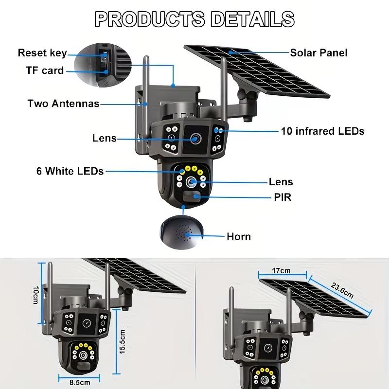 Solar-Powered Wireless Outdoor Security Camera with 4K HD Dual Lens, PIR Motion Sensor, Color Night Vision, Two-Way Audio, 355° Pan-Tilt, Battery & Solar Panel, Built-in, 64GB Storage Card – Wireless CCTV System Suitable for /Office/Driveway/Parking