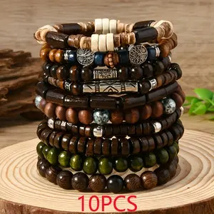 10Pcs Bohemian Wooden Beaded Bracelet Set for Women & Men, Handmade Stackable Couple Bracelets, Ideal For Fashion Daily Gift