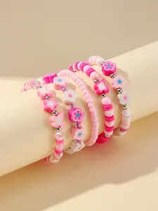 5pcs/set Acrylic Letter Flower Beaded Bracelets, Girls' Party Gifts, School Birthday Festival Accessories, All Seasons Wear