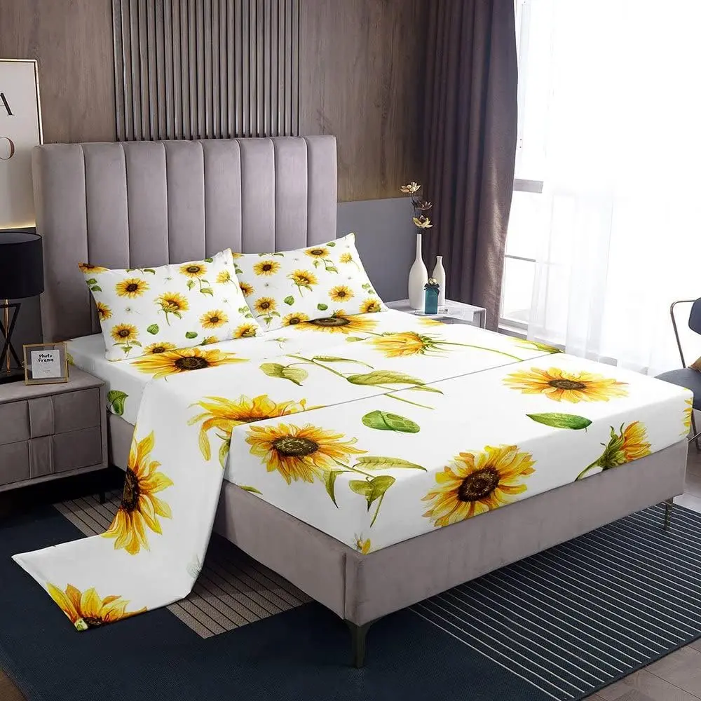 Feelyou Microfiber Sunflower Floral Print Fitted Sheet Set - Breathable, Durable Decorative Bedding Supplies for Teens, Multi-Size Bedding Linens, Breathable Durable Bedding