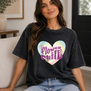 Women’s “Flower Child” Retro Heart T-Shirt – Boho hippie aesthetic tie-dye print tee, washed black/blue casual crewneck Womenswear Streetwear Tshirt Summer Piece Love Top Vintage Vintage Vintage