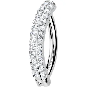 CZ Gem Implant Titanium Triple Pave Hinged Hoop Belly Ring