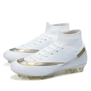 Popular High-Top Football Shoes with Long & Short Spikes Breathable Design for Professional Players Gold Accents Sleek Style
