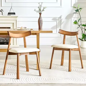 2 Walnut Solid Wood Dining Chairs Set of 2, Mid Century Modern Aesthetic with White PU Cushion, Ergonomic Curved Back for Kitchen Living Room, No Assembly Required
