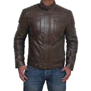 Quilted Genuine Four Zipper Pocket Leather Biker Jacket Men - Brown Leather Jacket with YKK Zipper and Four Front Pockets