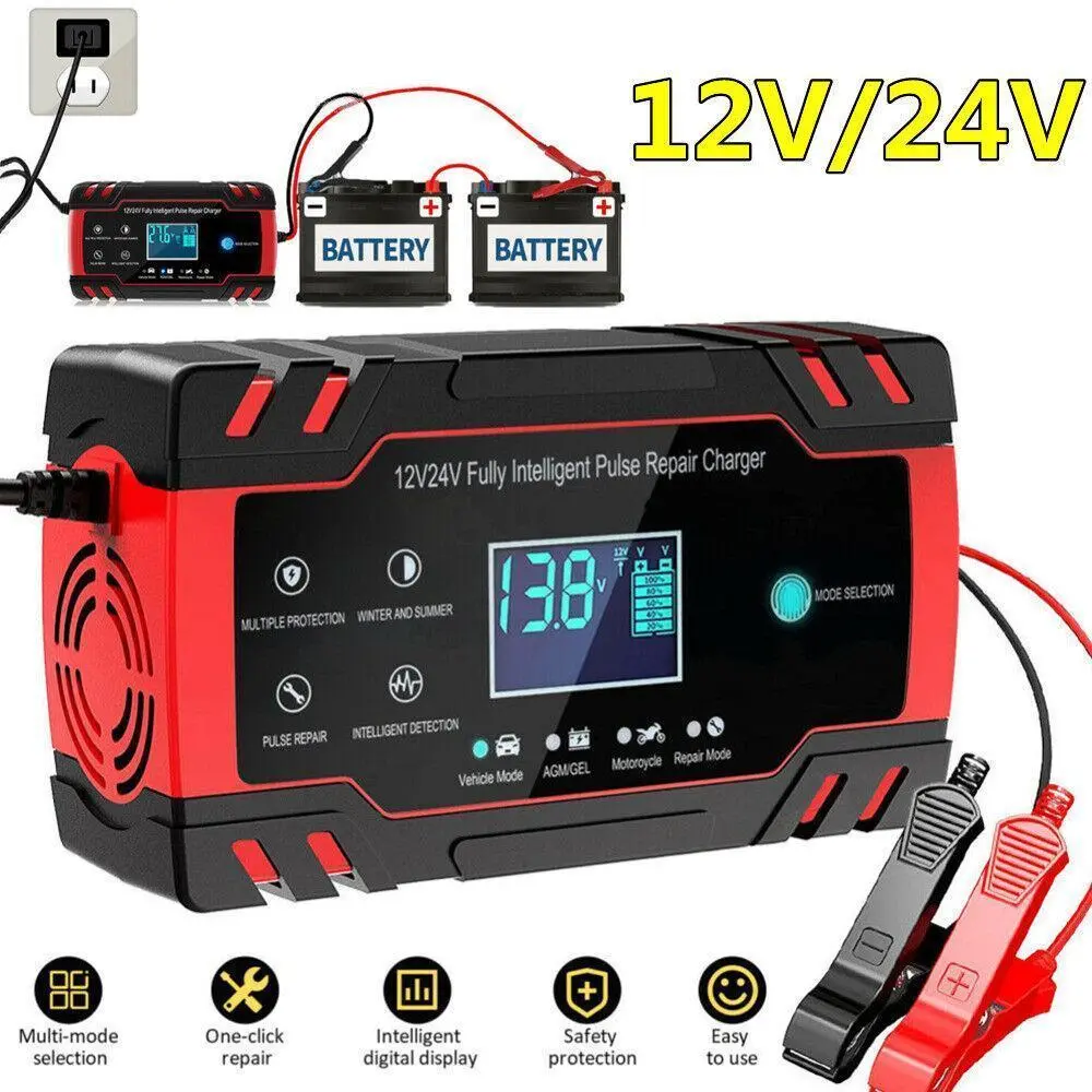 10-Amp 12V-24V Fully-Automatic Smart Car Battery Charger - 3-Stage Auto Charge, Maintainer, Trickle Charger & Desulfator with Temperature Compensation, 100-240V AC 50-60Hz Global Input for Vehicle Repair Tool