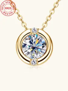S925 Sterling Silver Synthetic Moissanite Pendant Necklace for Women, Round Shaped Pendant Necklace for Gift, Fashion Jewelry Accessories for Daily Wear Silver Jewelry