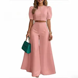 Two-Piece Set Women's Plain Woven Cropped Top & Elastic Waist Wide Leg Pants, Elegant Fashion Top & High Waist Trousers for Daily Wear, Womenswear for Summer