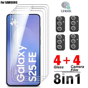 1 Sets/8 Pcs 4 Pcs Tempered Glass Transparent Protective Screen Protector with 4 Pcs Soft Camera Lens Protectors Suitable for Samsung Galaxy S25 FE Scratch-Resistant Fingerprint Unlock