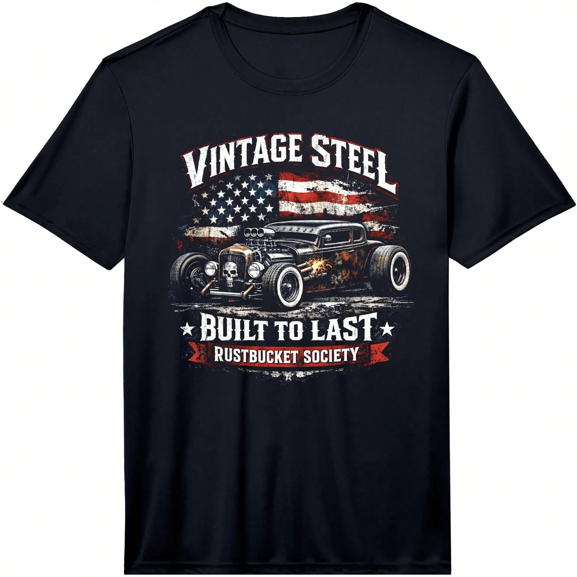 Men's Casual Colorful Graphic Rat Rod Vintage Steel Patriotic Rustbucket Hot Rod Performance Short-Sleeve Menswear T-Shirt for Daily Wear, Shortsleeve
