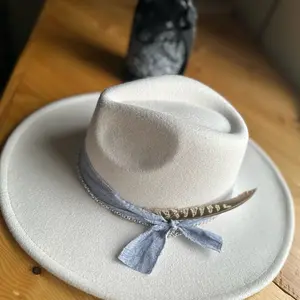 Western Flat Brim Fashion Hat with Free Handed Burnt Designs and Unique Bands/Decor, Size Large and Adjusts to a Small, Strings Inside