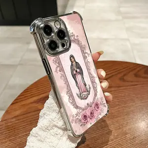 Compatible with iPhone 16/15/14/13/12 Pro Max Phone Case Electroplating luxury transparent four corner anti drop and shockproof phone case pink  La Virgen de Guadalupe phone case HN617-6