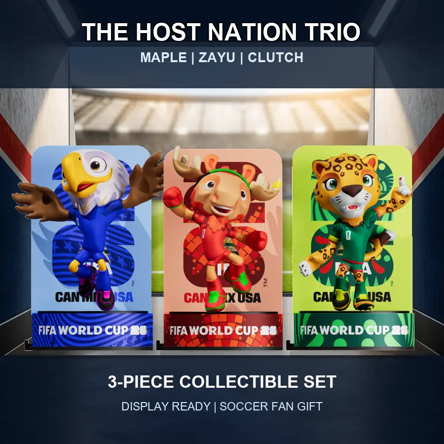 FIFA World Cup 2026 Mascot Gift Set, 3 Officially Licensed Maple Zayu Clutch Soccer Figurines with Display Cases, 6CM or 9CM Collectibles