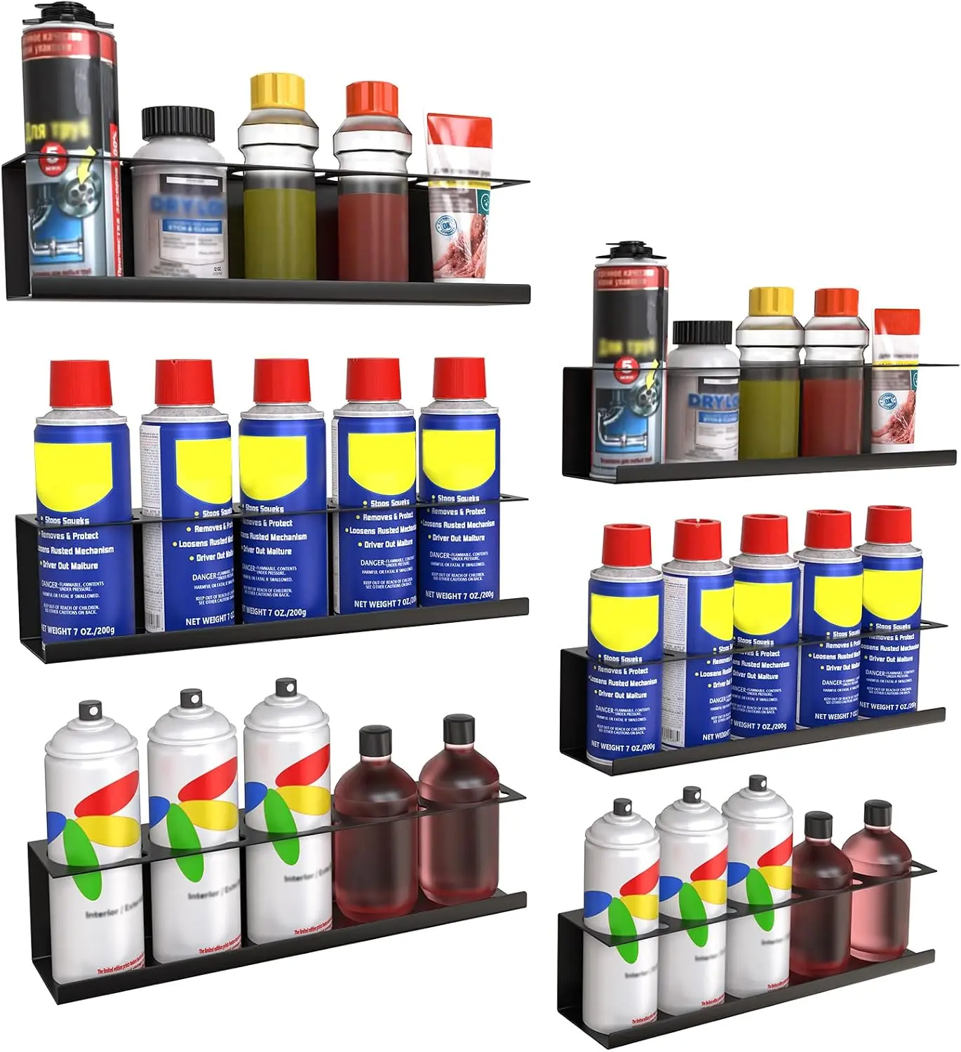 6 Pack Wall Mounted Spray Bottle Holder Rack, Heavy Duty Aerosol Spray Can Organizer with 30 Holes, Steel Black Paint Bottle Storage Rack, for Garage, Shop, Home or Tool Trailer