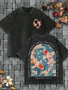 Unisex New Graphic Tee, Water Washed Design, Fish Print, American Vintage Street Style Streetwear, Menswear, Comfortable Soft Casual Short Sleeve Round Neck Long T-Shirt, Top