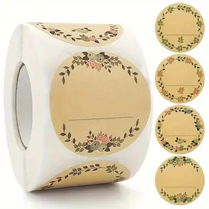 Round Wreath Pattern Label Sticker, 500pcs/roll Self Adhesive Kraft Paper Sticker, Decorative Sticker for Gift Bag, Food Storage, Gift Wrapping, Floral Pattern Sticker, Adhesive Stickers