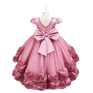 Girls Princess Dress Flower Girl Dress with Tulle Skirt and Big Bow Elegant Party Dress for Birthday Wedding