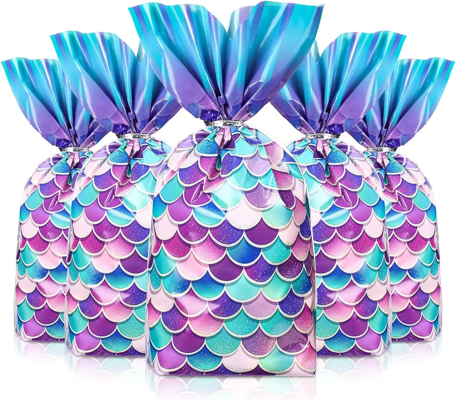 100 Pcs Mermaid Party Favors Bags Mermaid Party Goodie Candy Bags Wide Bottom Mermaid Cellophane Treat Bags with 100 Pcs Silver Twist Ties for Mermaid Birthday Girls Party Supplies (Elegant Style)