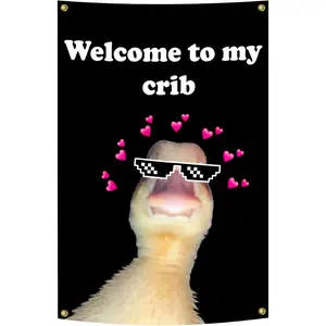 Welcom to My Crib Flag Tapestry Funny Flags Welcome to My Crib Duck Flag Dorm Decor Wall Banner Poster with Brass Grommets For College Dorm Black