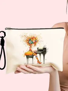 Cosmetic Travel Bag Set 2 Pieces, Canvas Makeup Bag with Detachable Wrist Strap, Art Music Theme Fairy Girl Piano Illustration Handbag, Makeup Pouch
