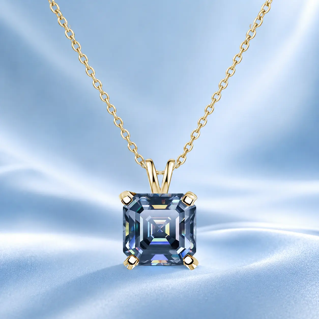 Gold Plated 6×6mm Blue Asscher Cut Moissanite Necklace for Women, Square Solitaire Pendant Necklace, Elegant Everyday Jewelry Gift pendant design