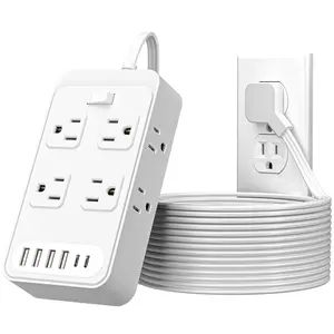 Surge Protector Outlet Extender Power Strip with 3 Inch Short Extension Cord 8 AC Outlets 6 USB Charging Ports 4 USB A 2 USB C Compact Design for Home Dorm Office Travel Essentials - White