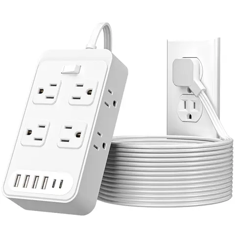 White Wall Outlet Extender Plug - 3in Short Cord Desk-Mounted Power Strip with 8 AC Outlets, 6 USB Sockets (4 A, 2 C), 18W Output Speeds Up Daily Charging, Short-Circuit Safe for Office Gamers/Workers