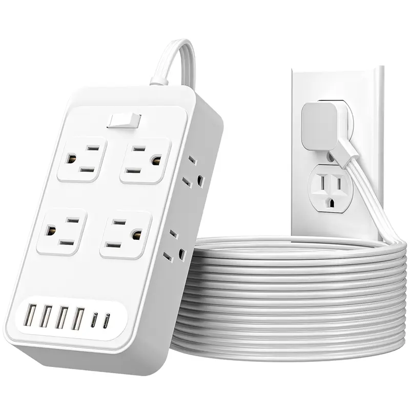 White Wall Outlet Extender Plug - 3in Short Cord Desk-Mounted Power Strip with 8 AC Outlets, 6 USB Sockets (4 A, 2 C), 18W Output Speeds Up Daily Charging, Short-Circuit Safe for Office Gamers/Workers