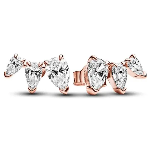 PANDORA Sparkling Pear Stud Earrings, Elegant 14-karat Rose-Gold Plated 3-Stone Design for Adults, Pear Shape, Dainty Semiprecious Stone Earrings