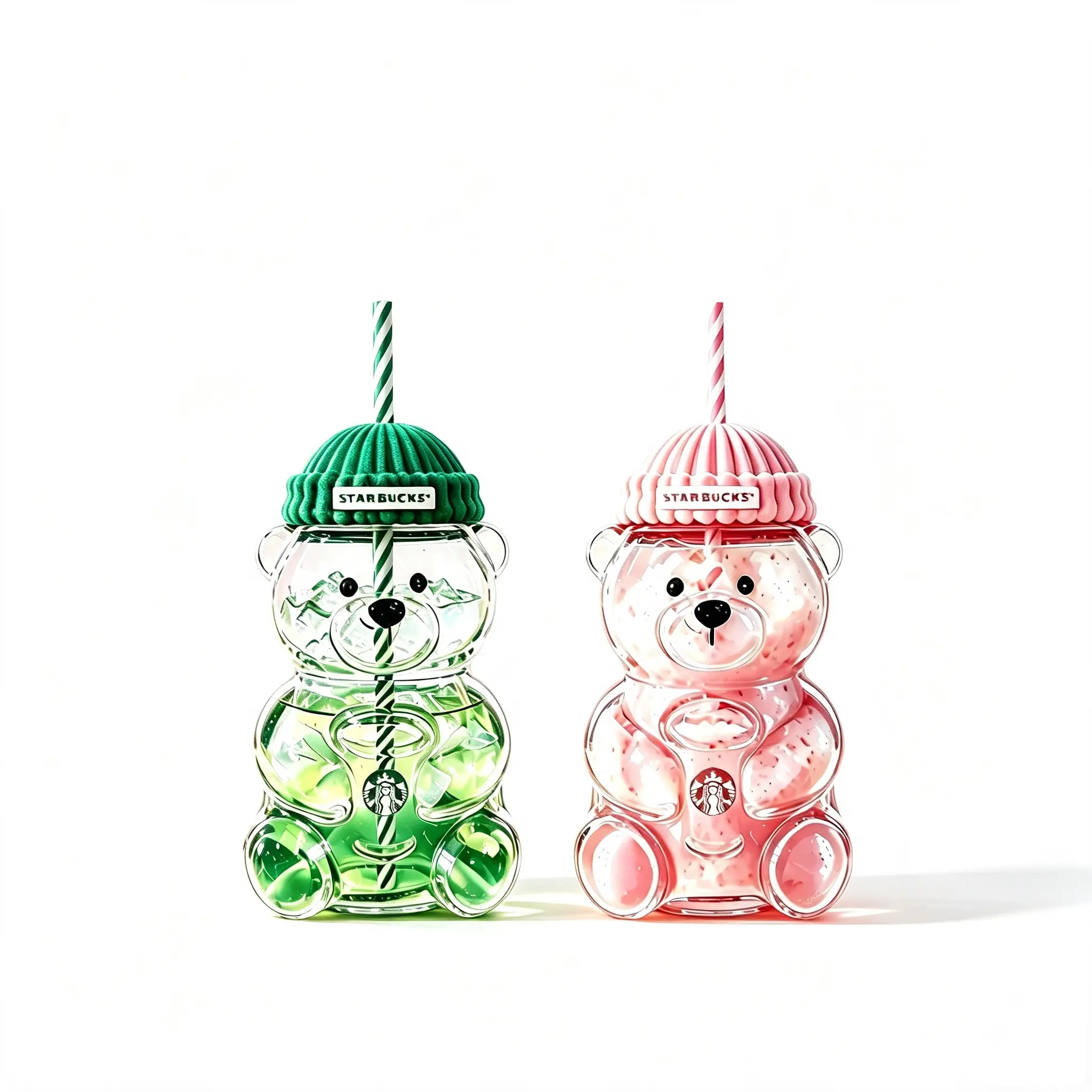 Starbucks Cute Bear Glass Tumbler with Beanie Hat Lid and Straw, Aesthetic Kawaii Bear Iced Coffee Cup Water Bottle