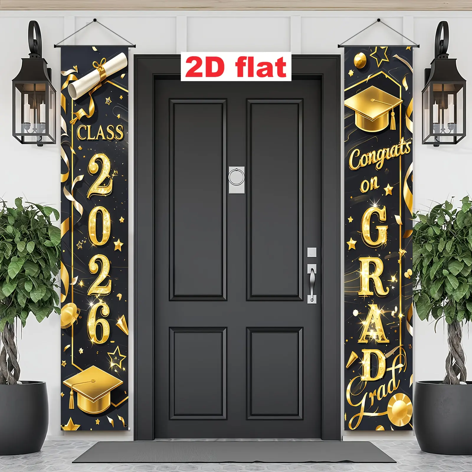 Gold Graduation Party Banner, Decorative Banner, Graduation Party Decorations, Class2026 Congratulations Text, Stars, Ribbons, Polyester, Indoor Outdoor Decor, Birthday Celebration