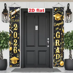 Gold Graduation Party Banner, Graduation Party Decorations, Class2026 Congratulations Text, Stars, Ribbons, Polyester, Indoor Outdoor Decor, Birthday Celebration