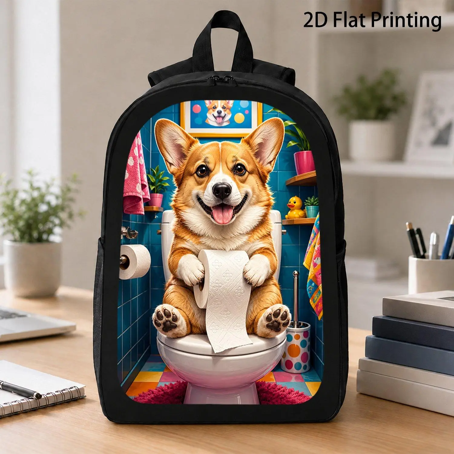 [17 Inch Backpack] 1pc Happy Corgi Dog Sitting On Toilet Holding Tissue Funny Cartoon Animal Print Backpack Trending Lightweight Backpack For Students Vacation