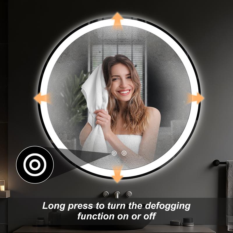 【Valentine's Day Gifts】Round LED Bathroom Mirror with Lights, Circle Vanity Mirror with Anti-Fog, Dimmable, 3-Color Light, Memory Function, Tempered Glass