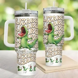 Funny Lizard Doodle Pattern Tumbler 40oz Cute Green Gecko Cartoon Reptile Lover Gift Cup With Handle And Straw