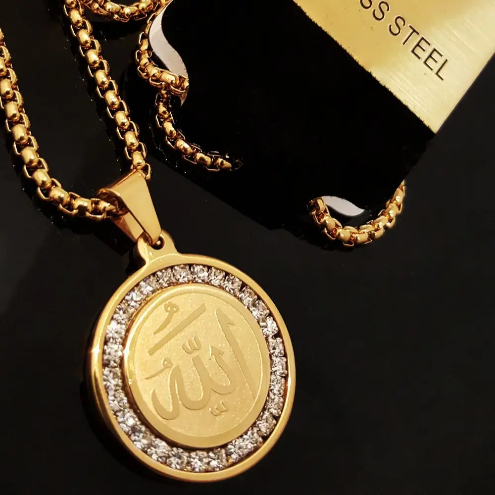 MaxBling81 Ion-Plated Stainless Steel Round Allah Amulet Necklace - 24in Rolo Chain, Cubic Zirconia Embellished Arabic-Style Dome Coin Statement Chain Jewelry for Daily Wear, Amulet Necklaces, Chain Jewelry Necklaces