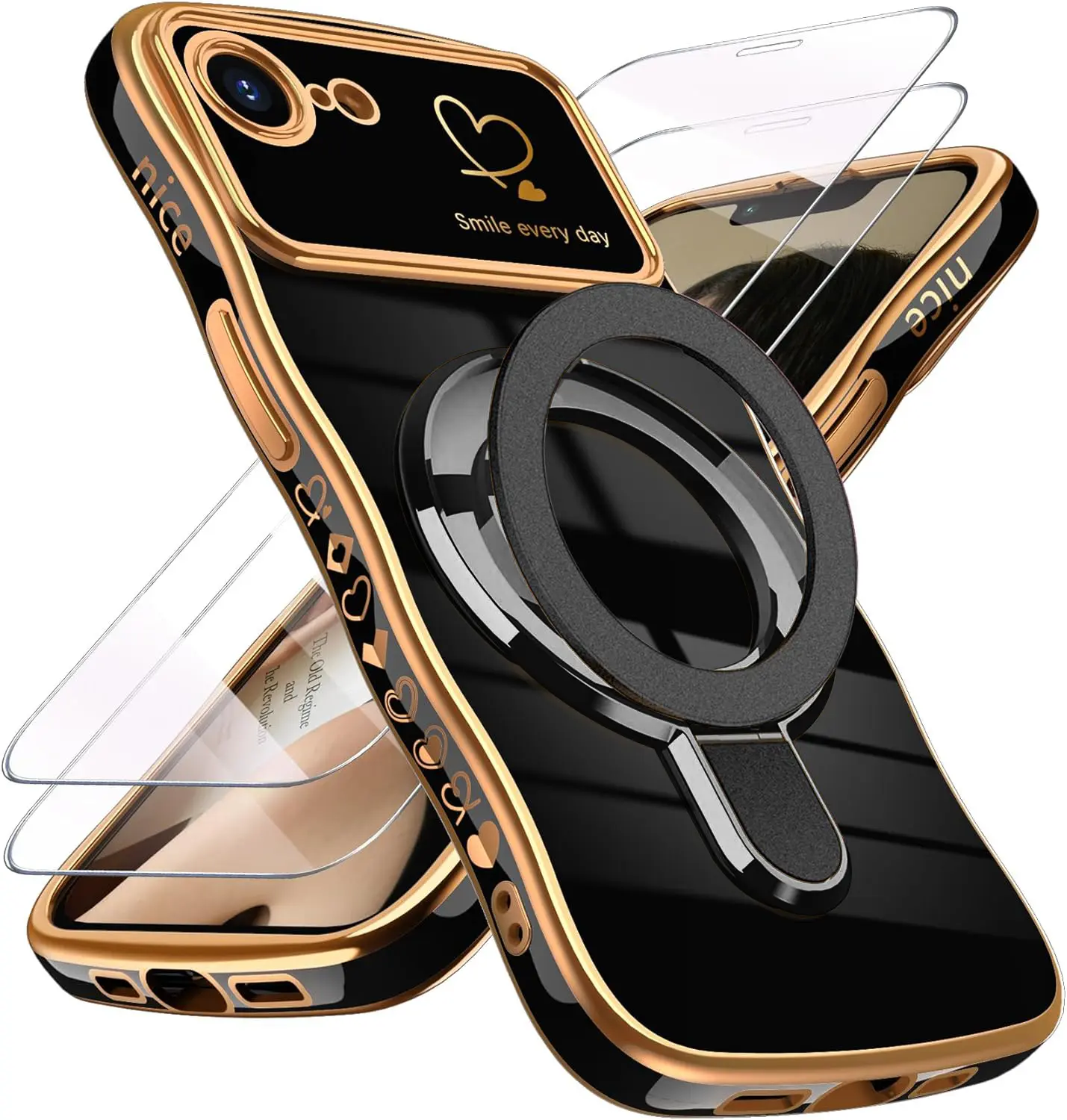 for iPhone 17e Case & iPhone 16e Case with 2X Screen Protector, Girl Women Cute Girly Love-Heart Luxury Gold Soft Cover Camera Protection Bumper Silicone Shockproof Kickstand Phone Case - Black