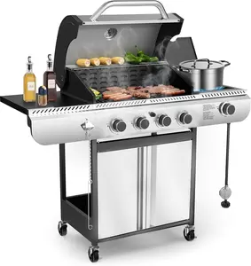 R.W.FLAME 4-Burner Outdoor Propane Gas Grill with Side Burner & Built-in Thermometer, 42,000 BTU Stainless Steel Stand Cooker for Backyard Patio Cooking BBQ Parties Family Gatherings